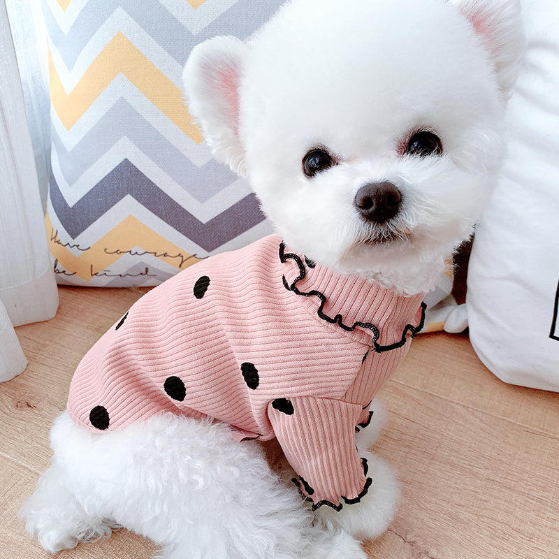 Polka Dot Turtleneck Dog Shirt – Soft Cotton Pet Clothes | Sizes L & XL | Green & Yellow