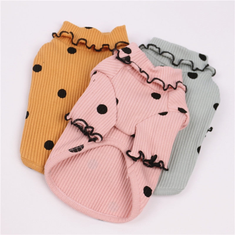 Polka Dot Turtleneck Dog Shirt – Soft Cotton Pet Clothes | Sizes L & XL | Green & Yellow