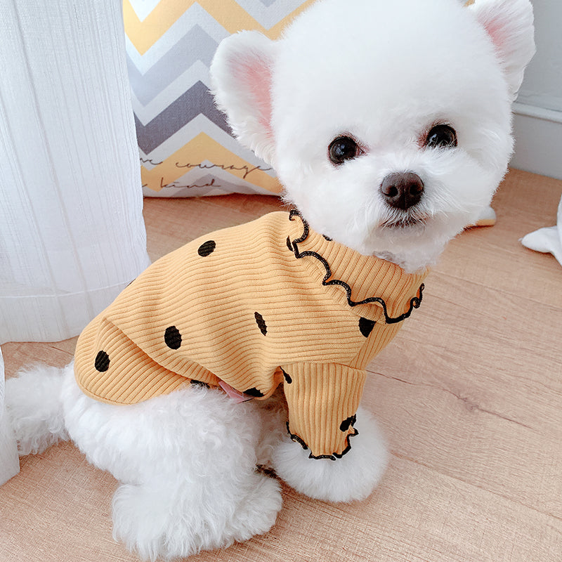 Polka Dot Turtleneck Dog Shirt – Soft Cotton Pet Clothes | Sizes L & XL | Green & Yellow
