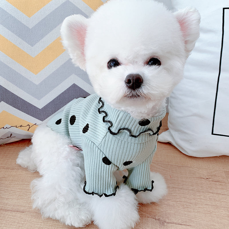 Polka Dot Turtleneck Dog Shirt – Soft Cotton Pet Clothes | Sizes L & XL | Green & Yellow