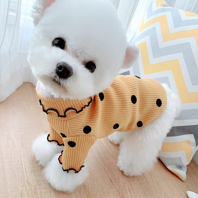 Polka Dot Turtleneck Dog Shirt – Soft Cotton Pet Clothes | Sizes L & XL | Green & Yellow