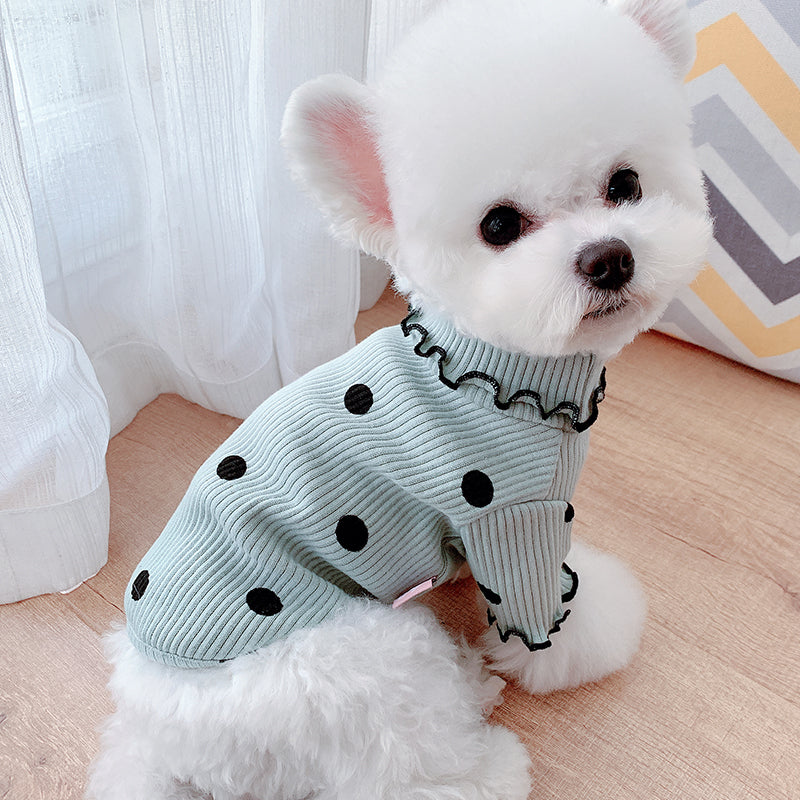 Polka Dot Turtleneck Dog Shirt – Soft Cotton Pet Clothes | Sizes L & XL | Green & Yellow